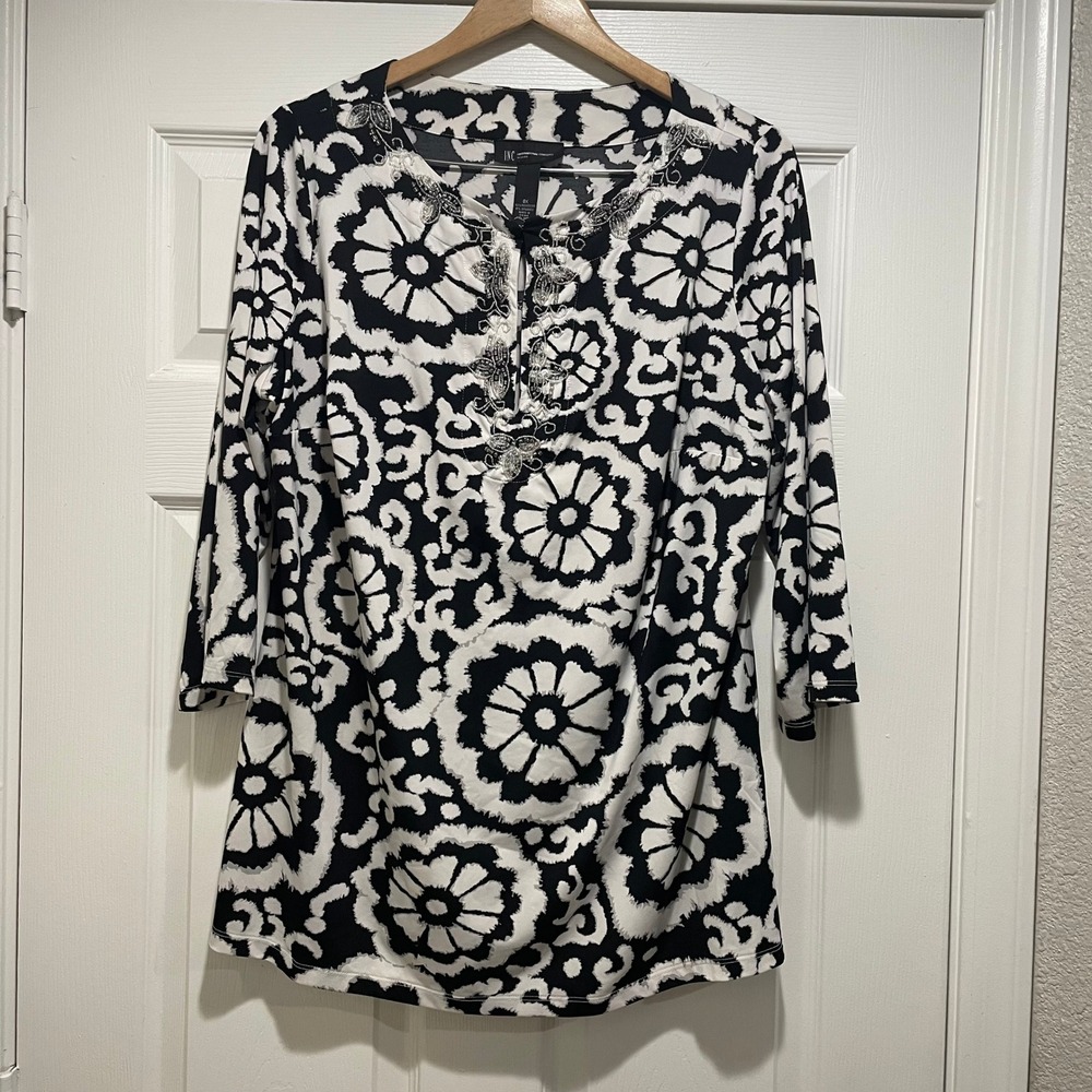 INC International Concepts Womens Tunic Plus Size 0X Black White Floral Beaded